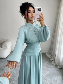 Elenzga Gaun Lengan Lentera Leher Tinggi - Teal Blue - View 6
