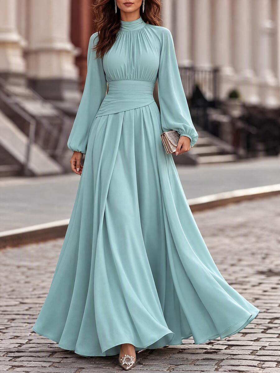 Elenzga Mock Neck Lantern Sleeve Dress - Teal Blue - View 1
