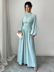 Elenzga Gaun Lengan Lentera Leher Tinggi - Teal Blue - View 7