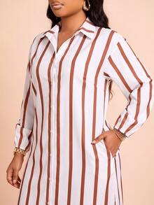 Brilight Women Modest Elegant Brown Stripe And Chocolate 2 Pieces Outfit Lapel Long Sleeve SideSlit Tunic Shirt Wide Leg Pants Set Party Office Brunch Autumn - Brown - View 7