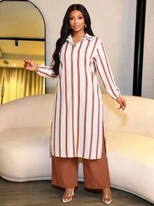 Brilight Women Modest Elegant Brown Stripe And Chocolate 2 Pieces Outfit Lapel Long Sleeve SideSlit Tunic Shirt Wide Leg Pants Set Party Office Brunch Autumn - Brown - View 3