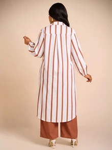 Brilight Women Modest Elegant Brown Stripe And Chocolate 2 Pieces Outfit Lapel Long Sleeve SideSlit Tunic Shirt Wide Leg Pants Set Party Office Brunch Autumn - Brown - View 2