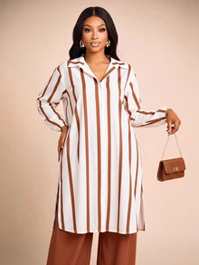 Brilight Women Modest Elegant Brown Stripe And Chocolate 2 Pieces Outfit Lapel Long Sleeve SideSlit Tunic Shirt Wide Leg Pants Set Party Office Brunch Autumn - Brown - View 4