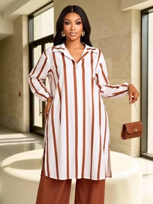 Brilight Women Modest Elegant Brown Stripe And Chocolate 2 Pieces Outfit Lapel Long Sleeve SideSlit Tunic Shirt Wide Leg Pants Set Party Office Brunch Autumn - Brown - View 6