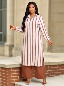 Brilight Women Modest Elegant Brown Stripe And Chocolate 2 Pieces Outfit Lapel Long Sleeve SideSlit Tunic Shirt Wide Leg Pants Set Party Office Brunch Autumn - Brown - View 1