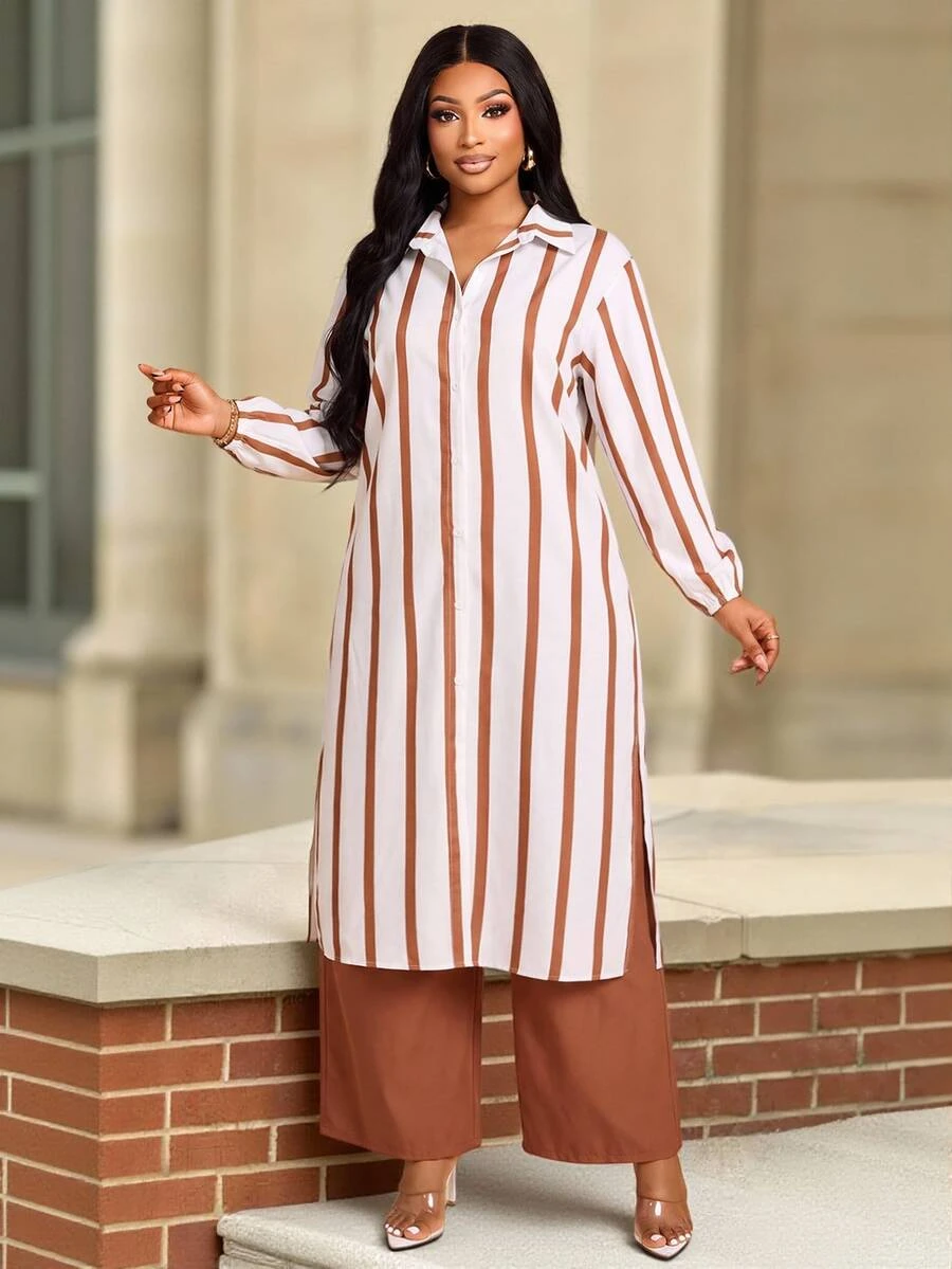 Brilight Women Modest Elegant Brown Stripe And Chocolate 2 Pieces Outfit Lapel Long Sleeve SideSlit Tunic Shirt Wide Leg Pants Set Party Office Brunch Autumn - Brown - View 1
