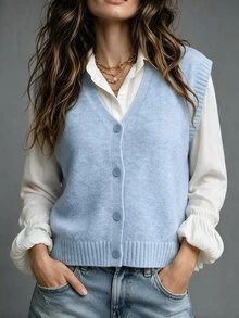 Penseblé Casual Minimalist Streetwear Versatile V-Neck Women Vest Cardigan - Baby Blue - View 2