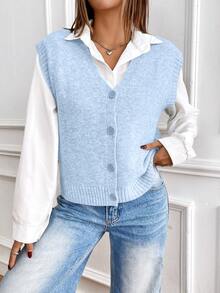 Penseblé Casual Minimalist Streetwear Versatile V-Neck Women Vest Cardigan - Baby Blue - View 6