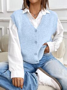 Penseblé Casual Minimalist Streetwear Versatile V-Neck Women Vest Cardigan - Baby Blue - View 7