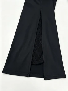 Velvienne Black Lace Patchwork Bell Sleeve Asymmetrical Shoulder Fitted Bodycon Midi Dress - Black - View 6