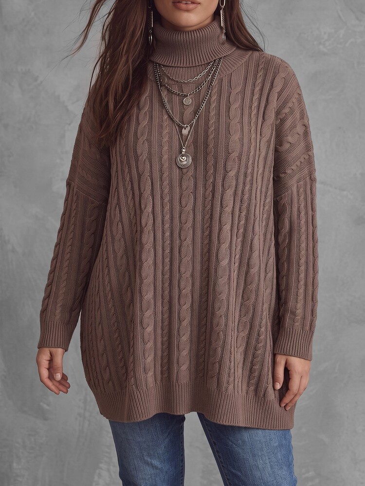 Linhara CURVE Plus Size Thick Solid Color High Neck Cable Knit Long Sleeve Loose Casual Baggy Mid-Length Sweater, Autumn/Winter Thanksgiving Formal Vacation Brown - Khaki - View 6