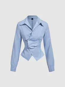 SHEIN MOD Kemeja Lengan Panjang Wanita Bergaris Kasual Serbaguna untuk Sehari-hari - Biru - View 2