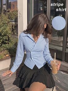 SHEIN MOD Kemeja Lengan Panjang Wanita Bergaris Kasual Serbaguna untuk Sehari-hari - Biru - View 1