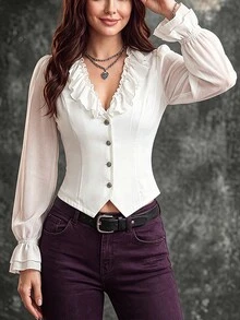 Velvienne Blus Pendek Wanita Model Vintage dengan Kerah V Berenda, Lengan Kelopak, dan Pinggang Ramping, Gaya Prancis, Lengan Mengembang, Kancing Depan, Potongan Ramping, Atasan yang Memperindah Pinggang - Putih - View 5