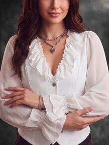 Velvienne Blus Pendek Wanita Model Vintage dengan Kerah V Berenda, Lengan Kelopak, dan Pinggang Ramping, Gaya Prancis, Lengan Mengembang, Kancing Depan, Potongan Ramping, Atasan yang Memperindah Pinggang - Putih - View 4