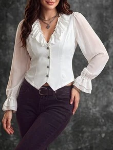 Velvienne Blus Pendek Wanita Model Vintage dengan Kerah V Berenda, Lengan Kelopak, dan Pinggang Ramping, Gaya Prancis, Lengan Mengembang, Kancing Depan, Potongan Ramping, Atasan yang Memperindah Pinggang - Putih - View 6