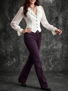 Velvienne Blus Pendek Wanita Model Vintage dengan Kerah V Berenda, Lengan Kelopak, dan Pinggang Ramping, Gaya Prancis, Lengan Mengembang, Kancing Depan, Potongan Ramping, Atasan yang Memperindah Pinggang - Putih - View 3