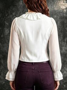Velvienne Blus Pendek Wanita Model Vintage dengan Kerah V Berenda, Lengan Kelopak, dan Pinggang Ramping, Gaya Prancis, Lengan Mengembang, Kancing Depan, Potongan Ramping, Atasan yang Memperindah Pinggang - Putih - View 2