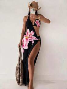 SHEIN Swim 3pcs Women's Lily Print Halter Neck Sexy Bikini Set With Silver Ring Decor Asymmetric Slit Dress - Black - View 4