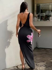 SHEIN Swim 3pcs Women's Lily Print Halter Neck Sexy Bikini Set With Silver Ring Decor Asymmetric Slit Dress - Black - View 2