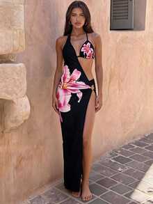 SHEIN Swim 3pcs Women's Lily Print Halter Neck Sexy Bikini Set With Silver Ring Decor Asymmetric Slit Dress - Black - View 3