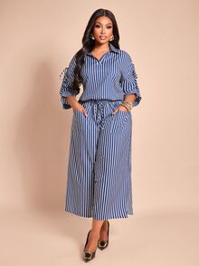 Brilight Stripe 2 Pieces Outfit Collar V Neck Drawstring Sleeve Top Wide Leg Pants Set For Vacation Weekend Casual Coastal Chic Holiday Brunch Summer - Navy Blue and White - View 5