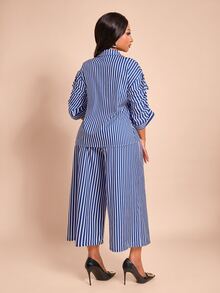 Brilight Stripe 2 Pieces Outfit Collar V Neck Drawstring Sleeve Top Wide Leg Pants Set For Vacation Weekend Casual Coastal Chic Holiday Brunch Summer - Navy Blue and White - View 2