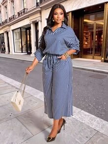 Brilight Stripe 2 Pieces Outfit Collar V Neck Drawstring Sleeve Top Wide Leg Pants Set For Vacation Weekend Casual Coastal Chic Holiday Brunch Summer - Navy Blue and White - View 1