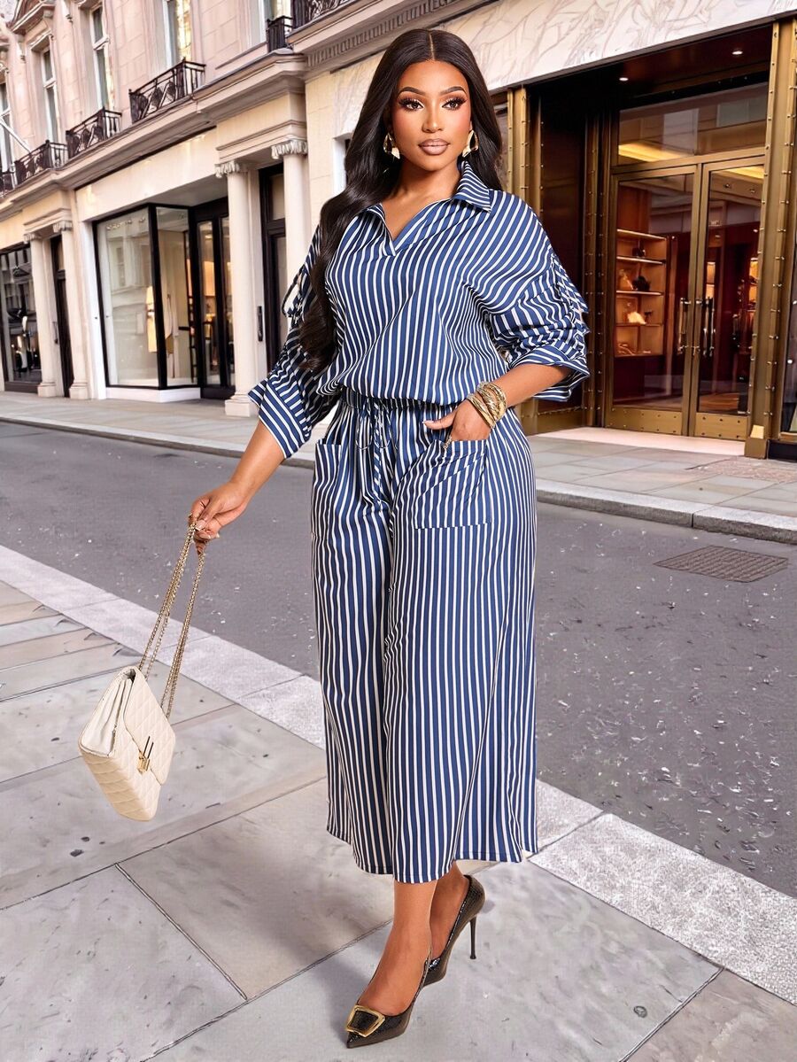 Brilight Stripe 2 Pieces Outfit Collar V Neck Drawstring Sleeve Top Wide Leg Pants Set For Vacation Weekend Casual Coastal Chic Holiday Brunch Summer - Navy Blue and White - View 1