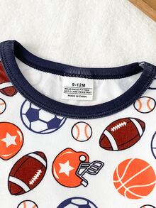 SHEIN 男嬰貼身睡衣兩件套，長袖T恤與緊身長褲，趣味球形圖案設計，柔軟舒適親膚面料，適合男嬰居家穿著，提供舒適睡眠與健康成長 - 白色 - 查看 5