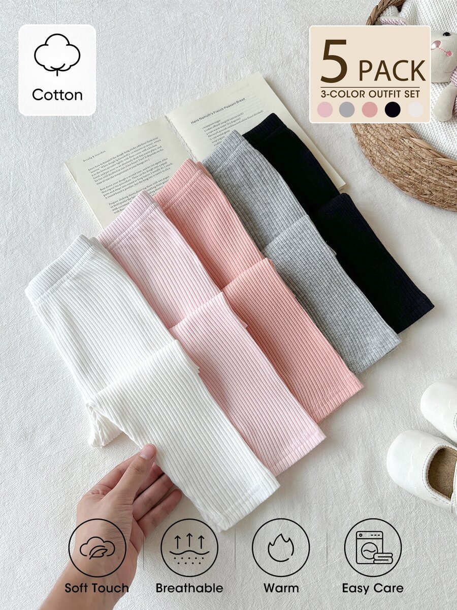 SHEIN Vintaside Kids 5件組女嬰羅紋緊身褲,可愛甜美粉色白色灰色黑色羅紋針織彈性腰頭加厚款,生日冬季假期修身款 - 彩色 - 查看 1
