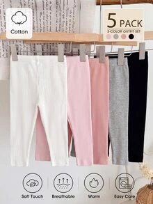 SHEIN Vintaside Kids 5件組女嬰羅紋緊身褲，可愛甜美粉色白色灰色黑色羅紋針織彈性腰頭加厚款，生日冬季假期修身款 - 彩色 - 查看 4