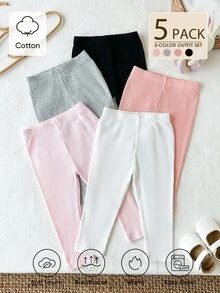 SHEIN Vintaside Kids 5件組女嬰羅紋緊身褲，可愛甜美粉色白色灰色黑色羅紋針織彈性腰頭加厚款，生日冬季假期修身款 - 彩色 - 查看 3