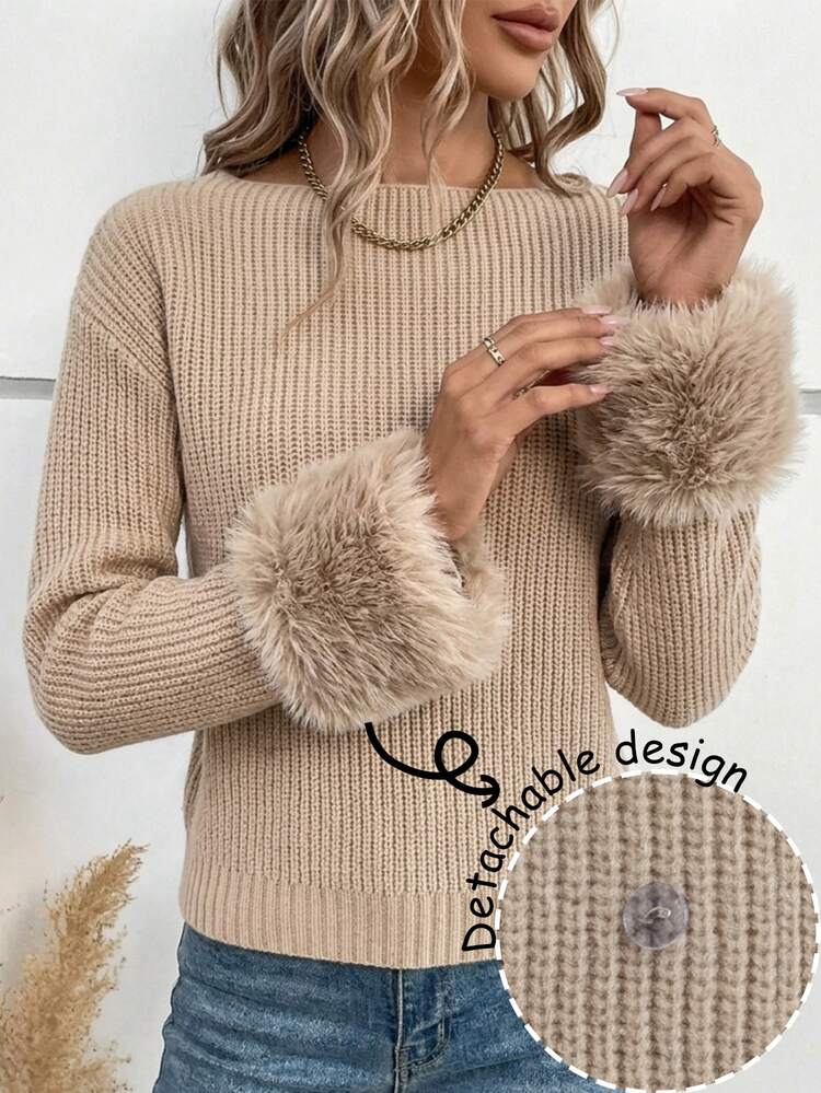 SHEIN LUNE Autumn/Winter Casual Khaki Fuzzy Cuff Sweater - Khaki - View 1