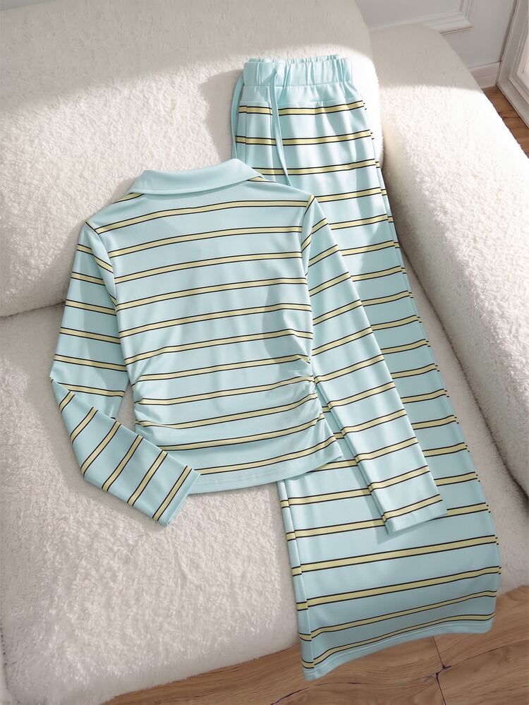 Tween Girls Mint Green Pony Print Fitted Long Sleeve Knit Top With Elastic Striped Straight Leg Pants Set, Autumn Casual - Blue - View 2