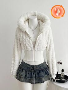 SHEIN MOD Women's Autumn/Winter Cute Fluffy Hooded Jacket, Everyday Travel White Concert Outfit Warm And Soft Going Out Tops New Year Christmas Halloween - White - View 2