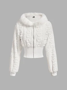 SHEIN MOD Women's Autumn/Winter Cute Fluffy Hooded Jacket, Everyday Travel White Concert Outfit Warm And Soft Going Out Tops New Year Christmas Halloween - White - View 7