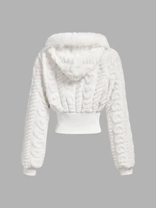 SHEIN MOD Women's Autumn/Winter Cute Fluffy Hooded Jacket, Everyday Travel White Concert Outfit Warm And Soft Going Out Tops New Year Christmas Halloween - White - View 3