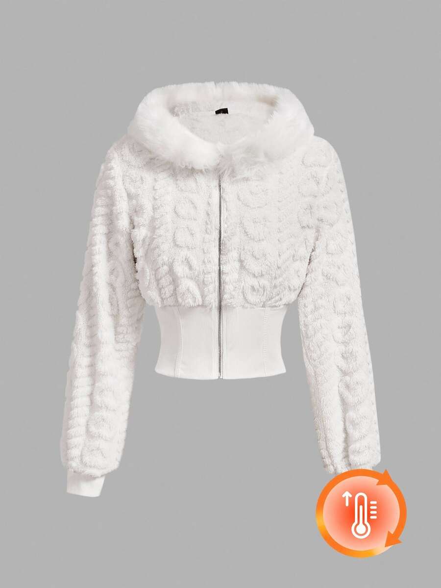 SHEIN MOD Women's Autumn/Winter Cute Fluffy Hooded Jacket, Everyday Travel White Concert Outfit Warm And Soft Going Out Tops New Year Christmas Halloween - White - View 1