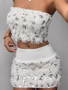 SHEIN Unity Women's Sequin Plush Patchwork Casual Sexy Versatile Daily Outing Party Clubbing Mini Skirt White Sequin - White - View 5