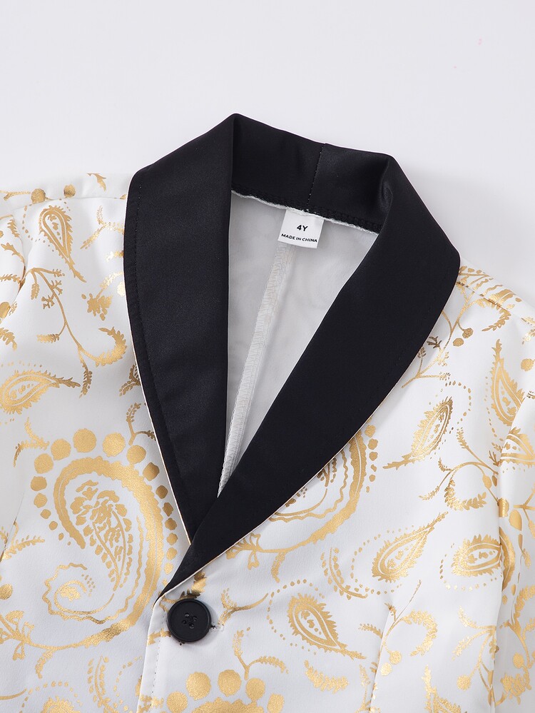 Young Boy Gentleman Gold Foil Print Lapel Single-Breasted Suit Jacket And Pants Set Autumn Fall - Black and White - View 8