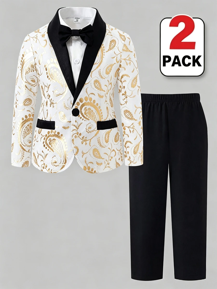 Young Boy Gentleman White Foil Print Lapel Single-Breasted Suit Jacket And Pants Set Autumn Fall New Year - Black and White - View 1