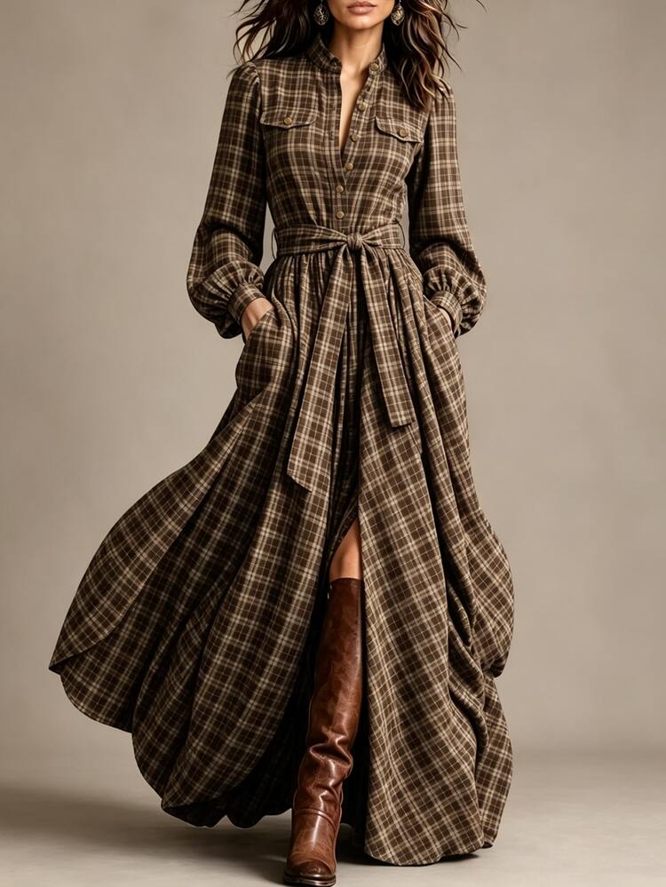 LUMIGAL Vintage Elegant Dark-Toned Plaid Element Stand Collar Lantern Sleeve Button Decor Cinched Waist A-Line Front Slit Long Dress For Women - Multicolor - View 1