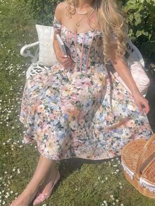 SHEIN MOD Off-Shoulder Floral Print Flared Midi Dress - Multicolor - View 5