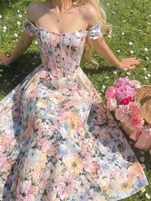 SHEIN MOD Off-Shoulder Floral Print Flared Midi Dress - Multicolor - View 3