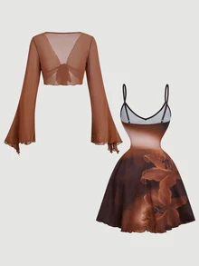SHEIN MOD Women's Solid Color Bell Sleeve Front Knot Top And Floral Print Cami Dress Fashion 2 Pieces Set - Brown - View 14