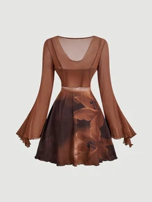 SHEIN MOD Women's Solid Color Bell Sleeve Front Knot Top And Floral Print Cami Dress Fashion 2 Pieces Set - Brown - View 4