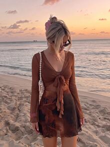 SHEIN MOD Women's Solid Color Bell Sleeve Front Knot Top And Floral Print Cami Dress Fashion 2 Pieces Set - Brown - View 1