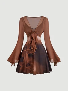 SHEIN MOD Women's Solid Color Bell Sleeve Front Knot Top And Floral Print Cami Dress Fashion 2 Pieces Set - Brown - View 2