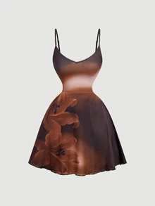 SHEIN MOD Women's Solid Color Bell Sleeve Front Knot Top And Floral Print Cami Dress Fashion 2 Pieces Set - Brown - View 11